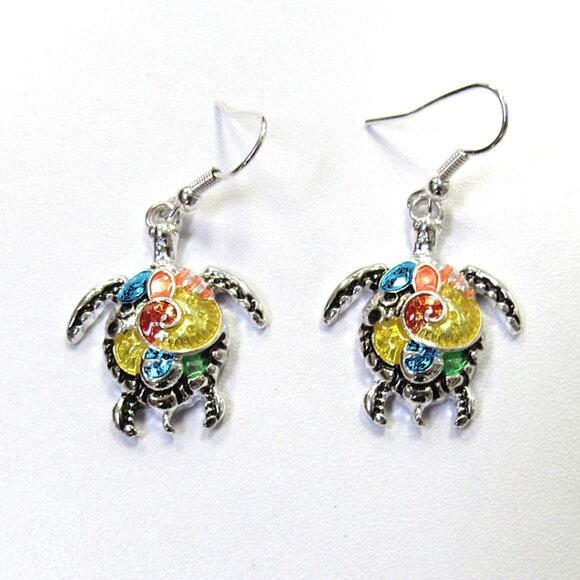 Silver Plated Multicolor Turtle Dangle Drop Pierced Earrings - Picture 2 of 5